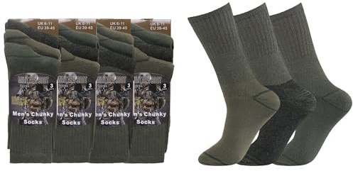 ARG Lot de 6 paires de chaussettes militaires pour homme - Chaussettes de randonnée rembourrées thermiques chaudes en coton épais - Taille 39-45, vert olive, Taille unique