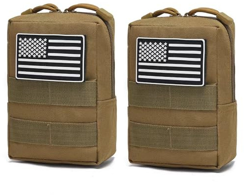 GAZJYUSP 2 Pack Molle Pouches-Vest Pouch Cell Phone Holster Belt Pouch Waist Bag Pack EDC Molle Accessories Bag Small Utility Pouch with Flag Patch Tactical Compact Water-Resistant EDC Pouch (Khaki)
