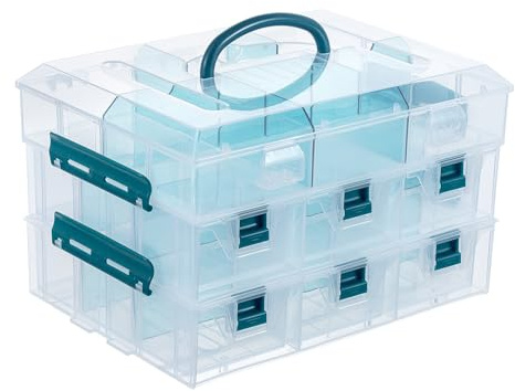 MyGift 11 Inch Clear Arts and Crafts Stackable Container, Sewing Supplies Storage Organizer Case with Blue Accents, 24 Customizable Compartments, and 6 Drawers with Removable Dividers