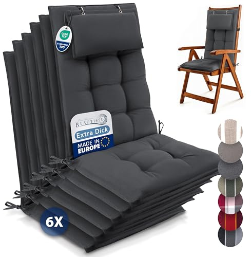 Beautissu 6er Set Premium Hochlehner Auflage mit Kopfpolster 120x50cm Sun-HL – 8cm Dick Polster Gartenstuhlauflage rutschfest Befestigungsbänder UV-Lichtechtheit 5 – Robust Stoff Uni Anthrazit