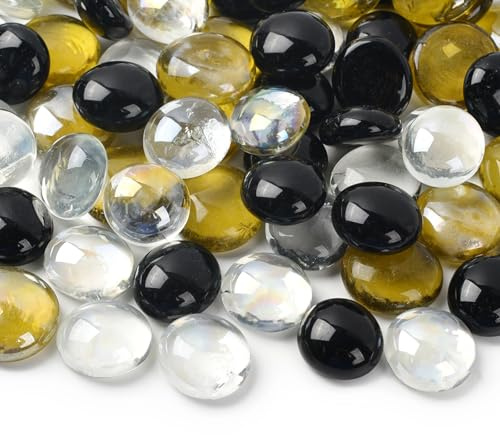 HUIANER Ciottoli rotondi in vetro, 450 g, pietre piatte da spargere da tavolo, per riempire vasi, acquari, decorazioni da giardino (grigio, nero e pulito)