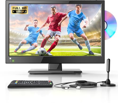 Desobry TV 16 Pouces 1080P avec Lecteur DVD intégré Support DVB-T2 HDMI USB, Petite Television pour Chambre/Maison/Cuisine, TV 12v pour Camping Car/Camping/Caravane/Motorhome