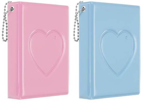 PATIKIL 7,6 cm mini fotokortsbindealbum med 32 fickor liten kärlek hjärta bildhållare bok för samling 2-pack, rosa blå