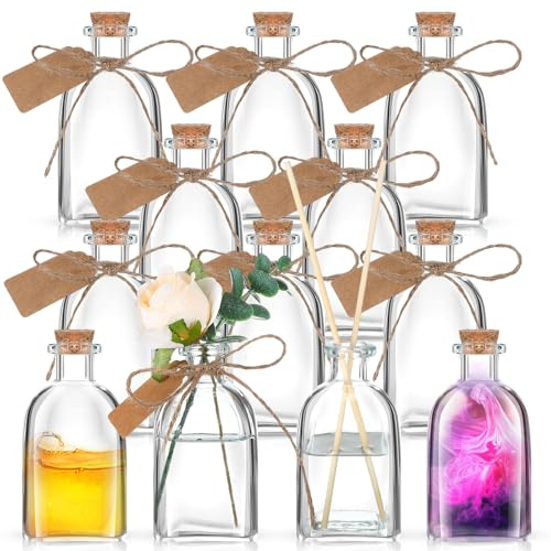Baderke Potion Bottles with Cork 4 oz Glass Bottles Small Mini Vintage Style Favor Jars Clear Empty Bud Vases for Centerpieces Wedding Dining Table Home Decor(12 Pcs)