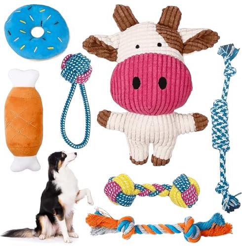 EHIOG 7 Piezas Juguetes para Perros, Perro Juguete Interactivo para Cachorros, Mordedores y Peluches para Limpiar Dientes, Antiestrés para Perros Pequeños y Medianos