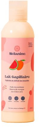 Mélanine - Latte per capelli - Idrata e definisce i riccioli - Crema capelli ricci, capelli crespi, capelli ondulati, capelli afro - Capelli sciolti - Ingredienti naturali - Vegano - 200 ml