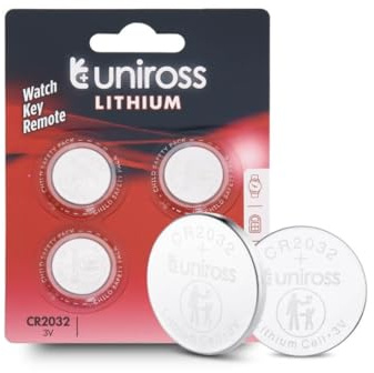 Uniross Pile Bouton Lithium CR2032 3V, Lot de 4, BR2032, DL2032, ECR2032 Emballage sécurisé pour Les Enfants, pour Petits appareils électroniques (Montres, clés de Voiture, télécommandes).