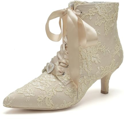 HFWXYSA Stivali da Sposa in Pizzo per Donna con Punta A Punta E Tacco Kitten, Scarpe da Matrimonio con Lacci, Stivaletti da Sposa,Champagne,35 EU