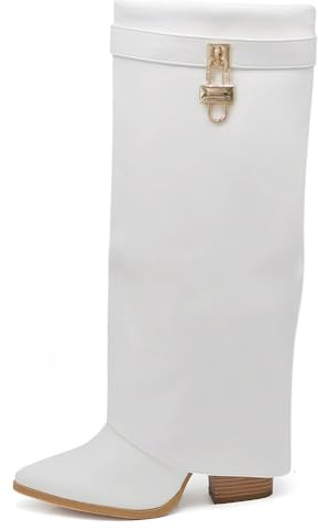 IF FASHION Stivali Alti A Punta Gambale A Ghetta Con Tacco Zip Cerniera Luchetto Da Donna A9532 Bianco N.39