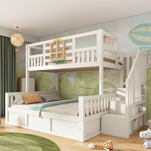 Mrwoo Bunk Bed for Kids, Children's Bed with Hydraulic Storage, Storage Stairs & Guardrails, Staircase Bunk for Family with Multiple Children, (90+135) x 190 cm, White, (No Mattress)
