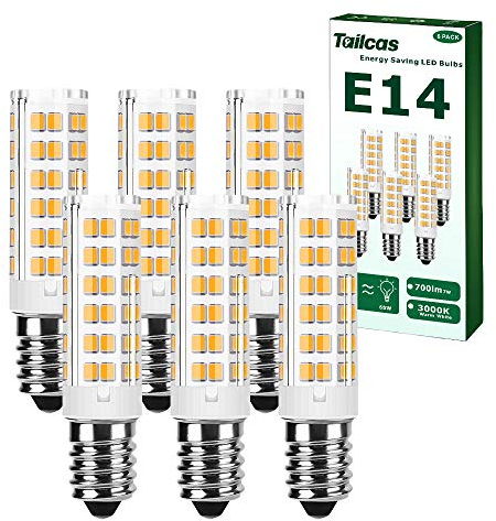 Tailcas E14 LED-Glühbirne, warmweiß, 7W Glühbirne, E14 65W Halogenlampen-Äquivalent, 13,5mm x 65 mm, 3000K, 700lm, AC 220–240V, nicht dimmbar, kein Flackern, für Dunstabzugshaube, Küche, Wohnz