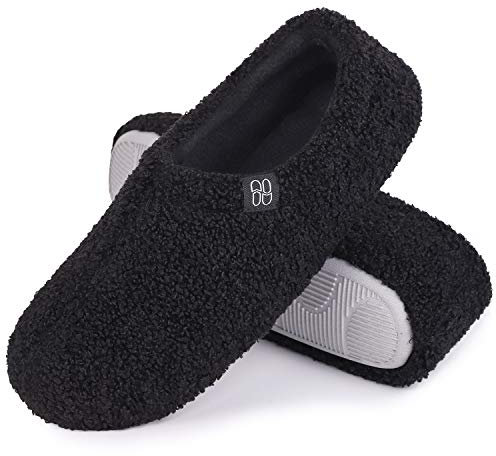HomeTop Women's Fuzzy Curly Fur Memory Foam Loafer Slippers Bedroom House Shoes with Polar Fleece Lining (8.5, Black)