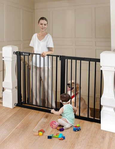 COMOMY 75-131cm Cancelletto per Cani, Cancelletto Scale Per Bambini, Cancello Sicurezza per Bimbo, Fissaggio a Pressione, Chiusura Automatica, con Segno Verde/Rosso, Interno/Esterno, Nero