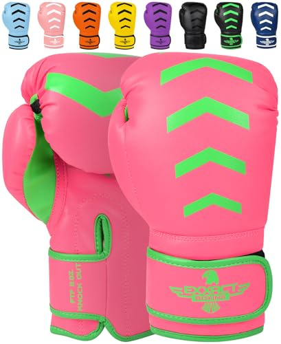 Exxact Sports Knockout Youth Boxing Gloves for Kids (3-15 Years) with Padded Protection and Wrist Support, Durable Engineered Leather Kids Boxing Gloves for Sparring (Pink/Green, 8 OZ)