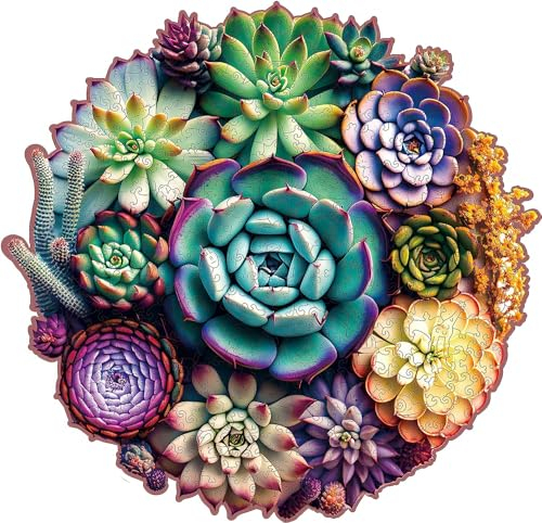 Mys Aurora Holzpuzzle Erwachsene 200 Stück,Succulent Plant Holzpuzzle Einzigartige Tierform Puzzleteile,Puzzle Erwachsene,Puzzle Holz Erwachsene mit Geschenkbox aus Holz
