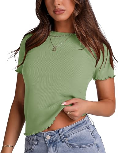 LOMON Women's Crew Neck Short Sleeves T Shirts Ribbed Knit Fitted Summer Basic Tees Lettuce Trim Tops Light Green Large