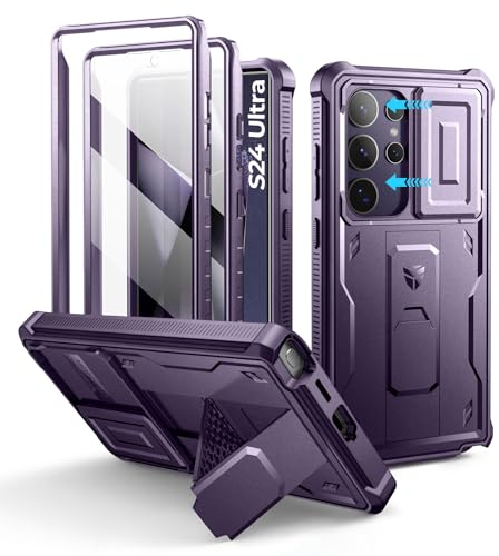 Dexnor pour Coque Samsung Galaxy S24 Ultra【Double Cadre Avant et Support】 avec CaméRa Coulissante Intégrée & Protecteur d'écran, Coque de Protection Robuste Résistante Aux Chocs - Fantôme Violet