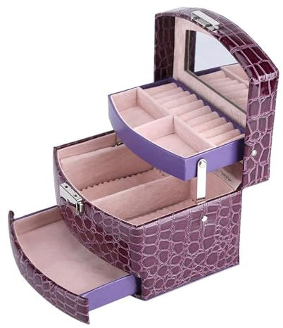 BKEKM Schmuckkästchen, 3-lagige Schmuckschatulle, lila Leder-Schmuckschatulle, Organizer mit Spiegel und Griff, Schmuck-Halskette, Schmuckaufbewahrung