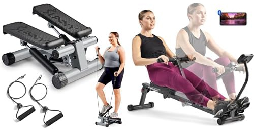 Sunny Health & Fitness Mini Stepper Machine, with Resistance Bands and LCD Monitor + Smart Compact Adjustable Rowing Machine, 12 Levels Adjustable Resistance