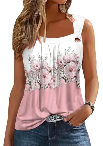 Summer Cute Printed Tank Tops for Women Casual Pleated Square Neck O Ring Shoulder Blouse