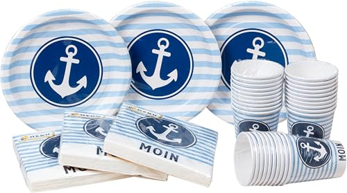 Heku Juego desechable para fiestas, 120 piezas con motivo Moin y ancla, incluye platos de papel, vasos de fiesta (0,25 l) y servilletas (33 x 33 cm), ideal para fiestas, barbacoas y cumpleaños
