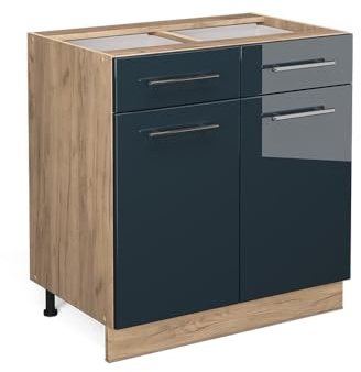 Vicco Kitchen base cabinet Fame-Line, Dark blue high gloss, 80 cm | MDF front · Without worktop · Height-adjustable feet · Metal handles · Soft-close