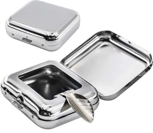 BEASAFY 2 Stück Taschenaschenbecher Geruchsdicht Reiseaschenbecher für Unterwegs, Mini Aschenbecher mit Deckel, Edelstahl Mobiler Aschenbecher, für Auto, Reisen, Drinnen und Draußen (Silber)