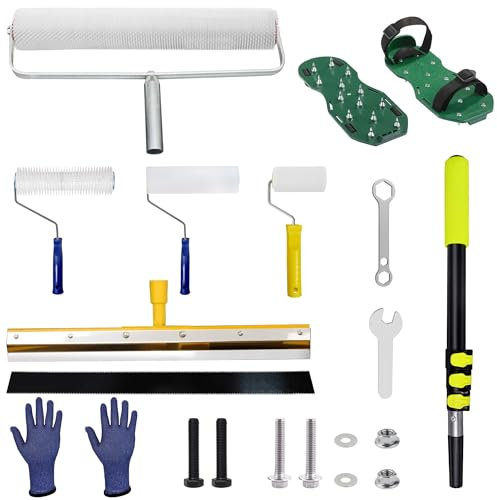 Self-Leveling Tool Kit with Rake, Spiked Roller, Spiked Shoes and 58'' Extension Pole for Epoxy Flooring and Concrete Floor Leveling (Green Pole)