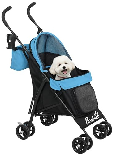 PawHut Passeggino per cani di piccola taglia con telaio per ombrello Carrello pieghevole per cani con cuscino lavabile Portabicchieri Finestrini in rete e borsa portaoggetti Blu