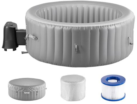 VEVOR Vasca Rotonda da Bagno Gonfiabile, per 4 a 6 Persone 208 x 66 cm, con 130 Getti Rilassanti, Filtro, Copertura, Tappetino, Pannello Controllo, Piscina Termale per Esterni, Grigio