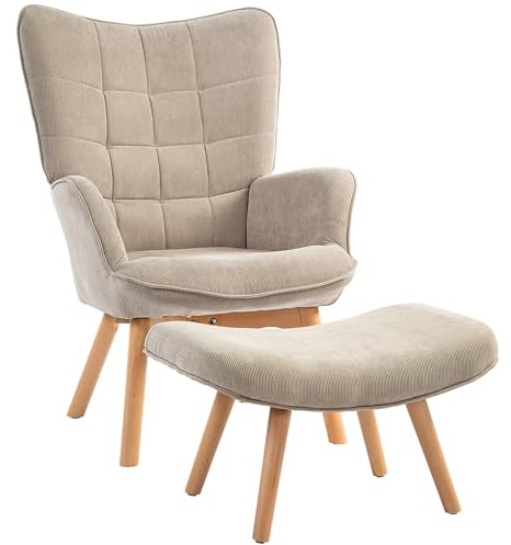 HOMCOM Poltrona con Poggiapiedi Coordinato Stile Contemporaneo, Poltroncina da Salotto in Tessuto Effetto Velluto con Gambe in Legno di Faggio per Salotto e Soggiorno, 72x80x101 cm, Marrone Chiaro