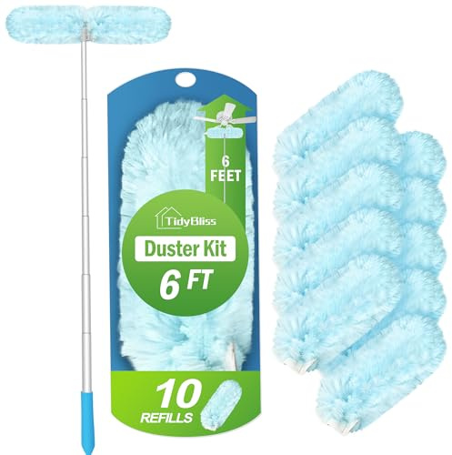 TidyBliss Spolverino Polvere per Swiffer Duster, Togli Ragnatele Allungabile 180 cm con 10 Ricariche, 360 Gradi Microfibre Bastone per Ventilatore da Soffitto Parete