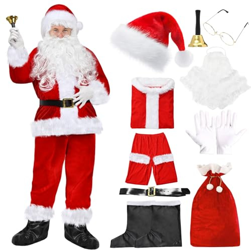 Costume da Babbo Natale per adulti, Costume da Babbo Natale da uomo, Costume da Babbo Natale con berretto, barba e cintura, Costume natalizio per carnevale e cosplay (Rosso, M(155-170cm))