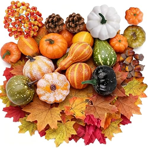 Duzapku 170 Pcs Artificial Pumpkin Autumn Decorations Set, Autumn Home Decor Autumn Leaves, Pine Cones, Pumpkins, Small Acorns for Thanksgiving Fall Harvest Table Home Decor