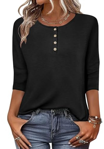 Zeagoo T-shirt för damer, med 3/4-ärm, tröja med rund hals, basic topp, Henly till sommaren, ledig, lätt och lång, storlek S–XXL