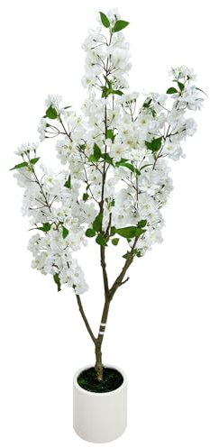 Alonfale 4FT Artificial Crabapple Blossom Tree with Planter - Realistic Faux Flowering Tree for Home Office Decor, White Blooms, Low Maintenance Indoor/Outdoor Plant (1, 4FT)