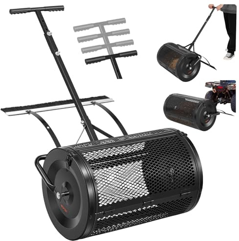 VEVOR Compost Spreader, 24 Wide Peat Moss Spreader with Push/Tow Handle & Brush, 4 Heights Adjustable, Powder-Coated Steel Garden Peat Moss Roller, Heavy Duty Grass Seed Roller for Planting Seeding