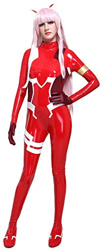 Cosplay.fm Damen Zero Two Kampfanzug Code 002 Cosplay Kostüm PU Leder Bodysuit - Rot - Medium