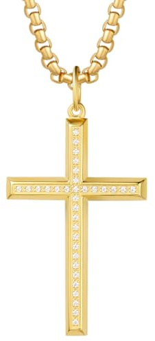 FANCIME Herrhalsband med religiöst kristet kors 925 sterling silver hänge gult guld och rostfritt stål kedja för män - längd 61 cm