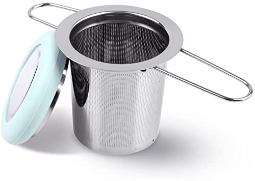 Fenshine Tea Infuser Stainless Steel Tea Strainer Folding Handle Tea Filter Extra Fine Mesh Strainer Brewing Basket with Lid for Loose Leaf Tea (Light Blue) …