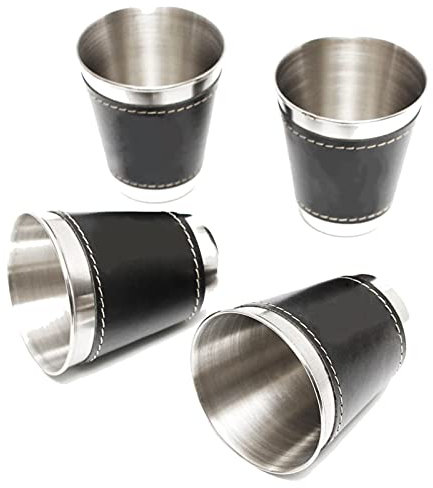 Clenp Mini Taza Al Aire Libre, 4Pcs Mini Petaca De La Cadera De La Taza del Viaje del Abrigo De La Piel Sintética del Alcohol del Vino del Acero Inoxidable Negro/Plateado