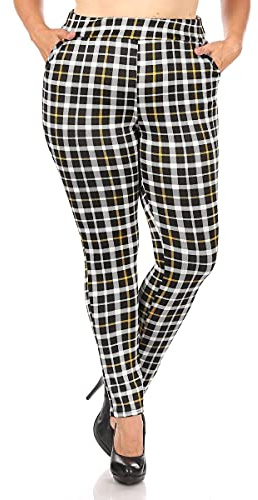 ShoSho Womens Plus Size High Waist Skinny Pants Slim Fit Trouser Treggings Pull-On Stretch Leggings Pants W/Pockets Plaid Print Mustard/White/Black 3X
