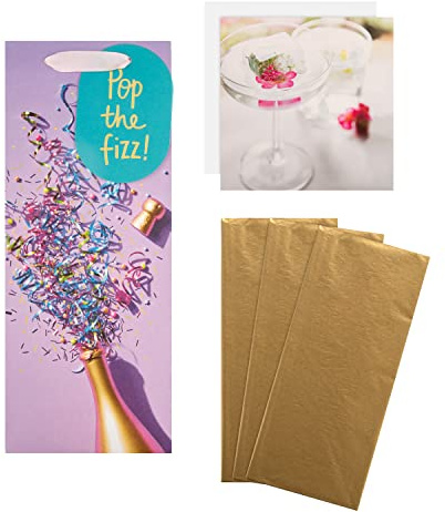 Hallmark Multi Occasion Gift Wrap and Card Bundle - 1 Bottle Bag, 3 Gold Tissue Paper Sheets and 1 Blank Card in Contemporary Designs