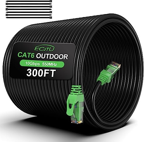 300FT Cat6 Outdoor Ethernet Cable, In-Ground, Heavy Duty Direct Burial, 24AWG CCA Patch Cord for Laptops, PCs, Routers, Printers, Surveillance Camera, PoE, UTP Cat 6 Internet Cable with 25 Cable Ties