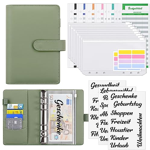 KONVINIT Budget Planner Deutsch,A6 Budget Binder mit Geldumschläge und Budget Blätter,Finanzplaner Umschlagmethode für Sinking Funds Geld Sparen,Bugetplaner Startset,Grün