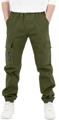 Camlakee Pantalon cargo à taille élastique pour enfants, Kaki (Army), 7-8 ans