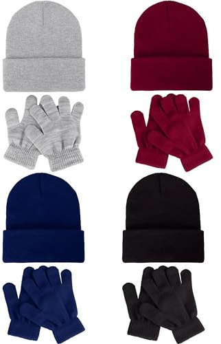 Glooarm 8 Pack Kids Beanie Hats and Gloves Set Kid's Knitted Beanies Hat Winter Gloves for Boys Girls