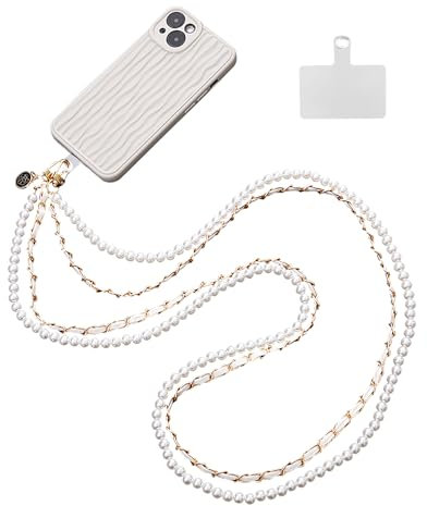 UEPOA Cadena para teléfono móvil con perlas universales de doble capa para colgar con inserciones blancas, cadena de piel para teléfono móvil, sin funda, colgante para teléfono móvil, compatible con