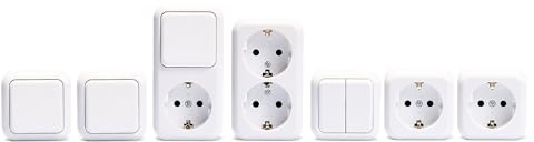 MC POWER Aufputz Steckdosen Schalter Set 7-teilig | Finery Starter | Wechselschalter, Doppel Serienschalter, Lichtschalter Steckdosen Kombination für innen, weiß