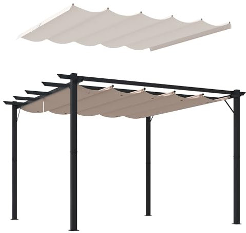 Outsunny Conjunto de Pérgola Incluye 1 Pérgola de Jardín de Aluminio 3x3 m con Techo Retráctil y 1 Cubierta para Pérgola para Patio Terraza Exterior Café y Crema